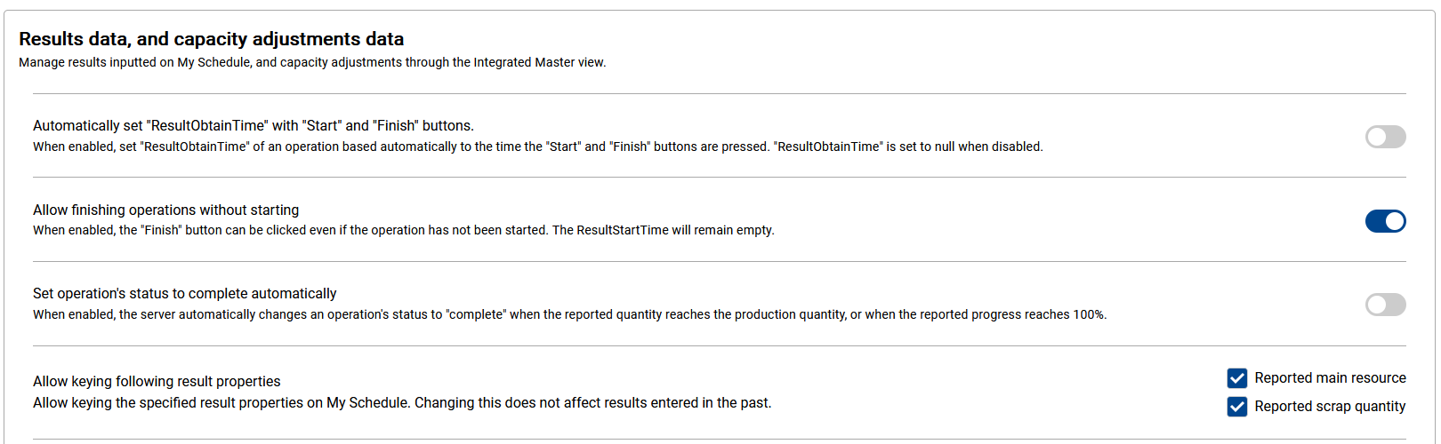 Project settings: Results